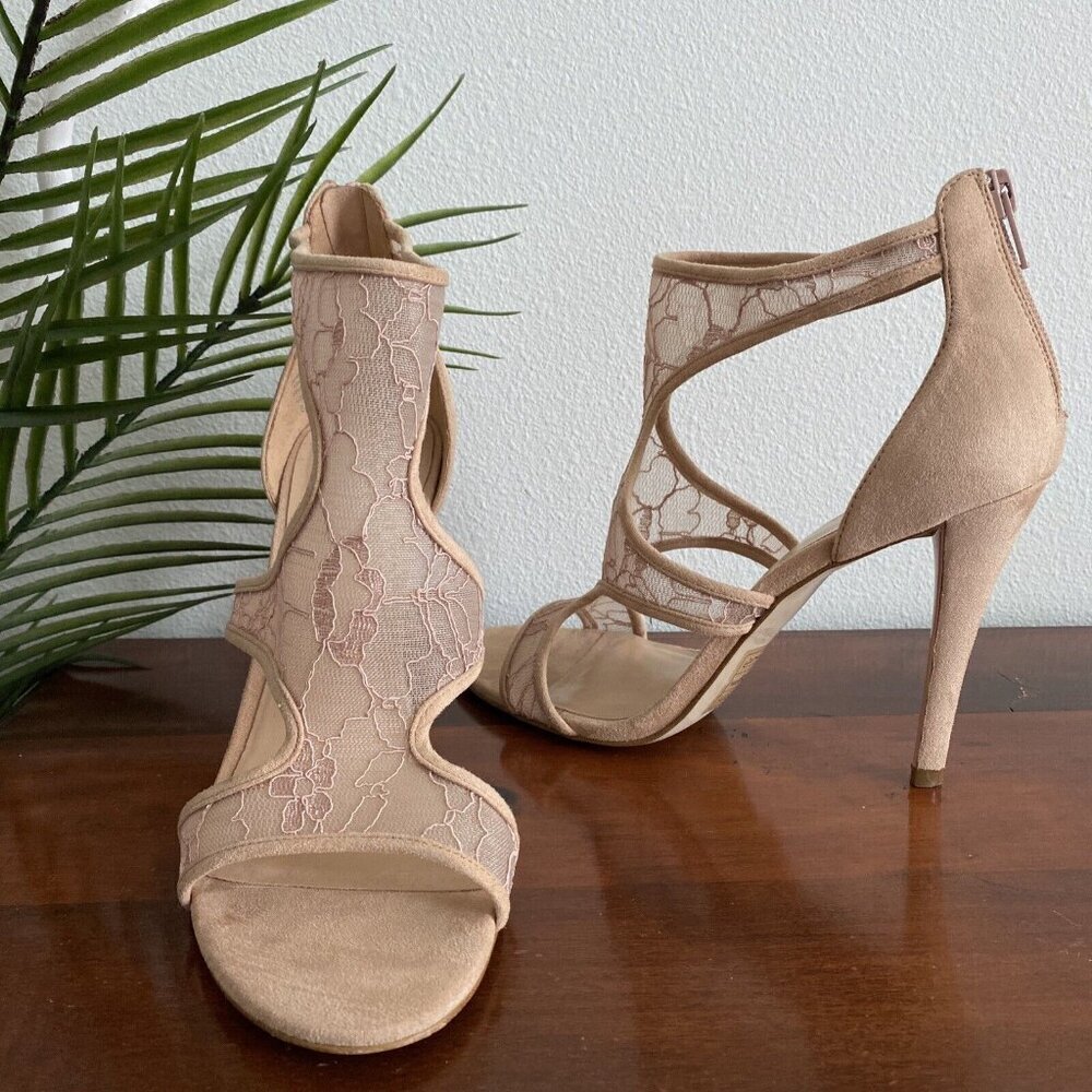 ALDO Beige Suede Embroidered Mesh Open Toe Strappy Back Zip High Heels Women’s 8